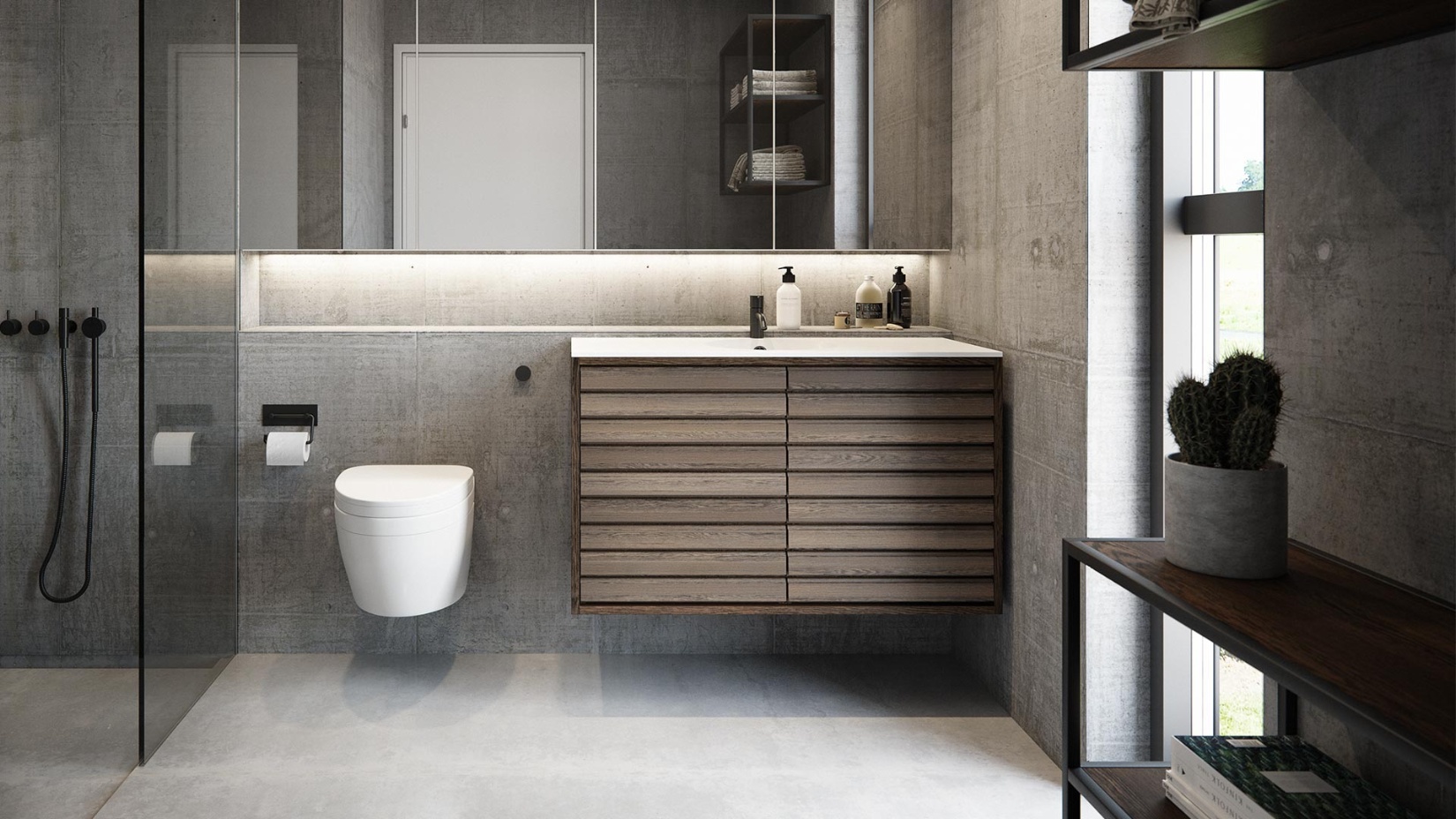 Moderne badeværelse med betonvægge, glasbrusehjørne, væghængt toilet og vaskeskab med træfront